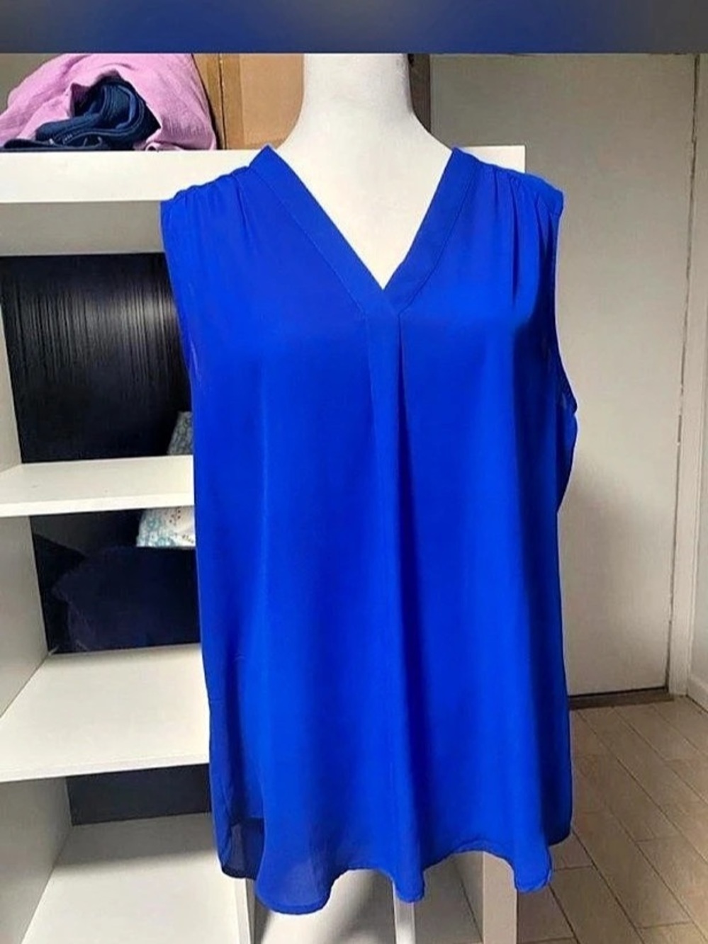 Pleione Sleeveless V-Neck Pleated Back Blouse Blue Large